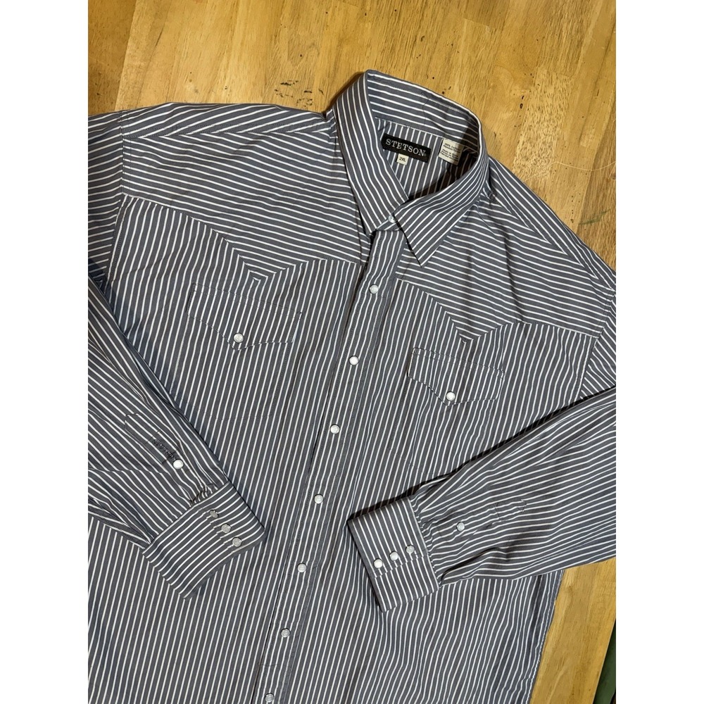 Stetson Shirt Mens 2XL Gray White Striped Pearl Snap Western Long Sleeve Cotton